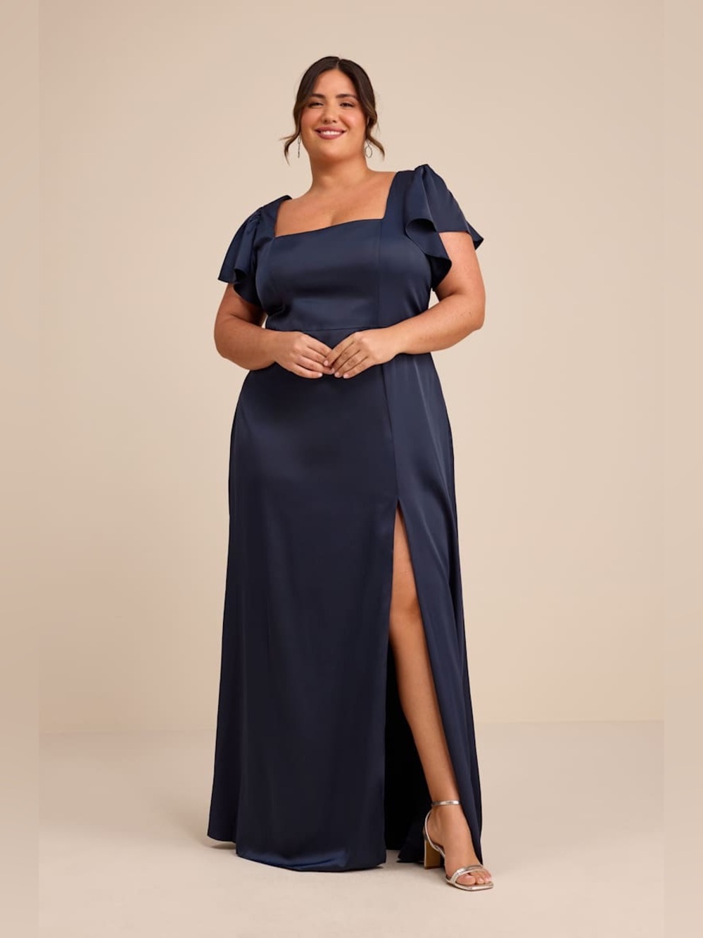Lulus Ultimate Sweetness Navy Blue Satin Flutter Sleeve Maxi Dress